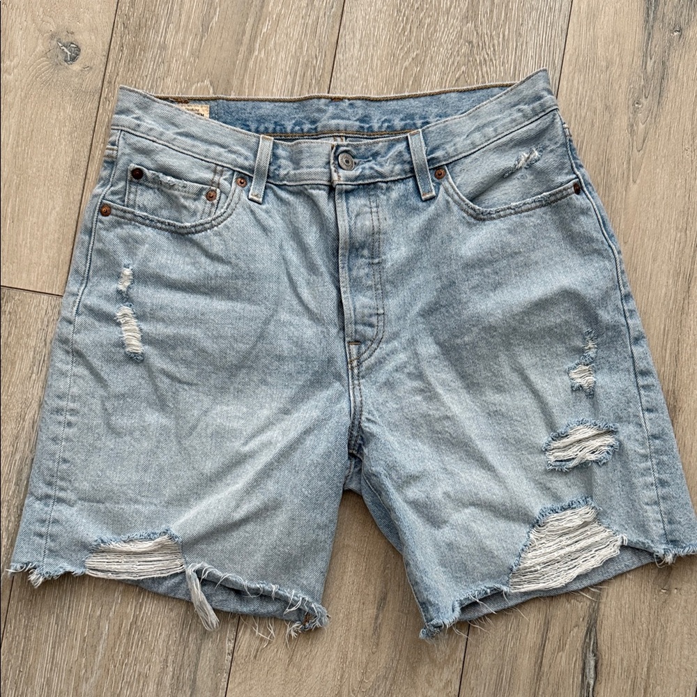 Levi's Light Blue High-Waist Distressed Denim Shorts, size 29